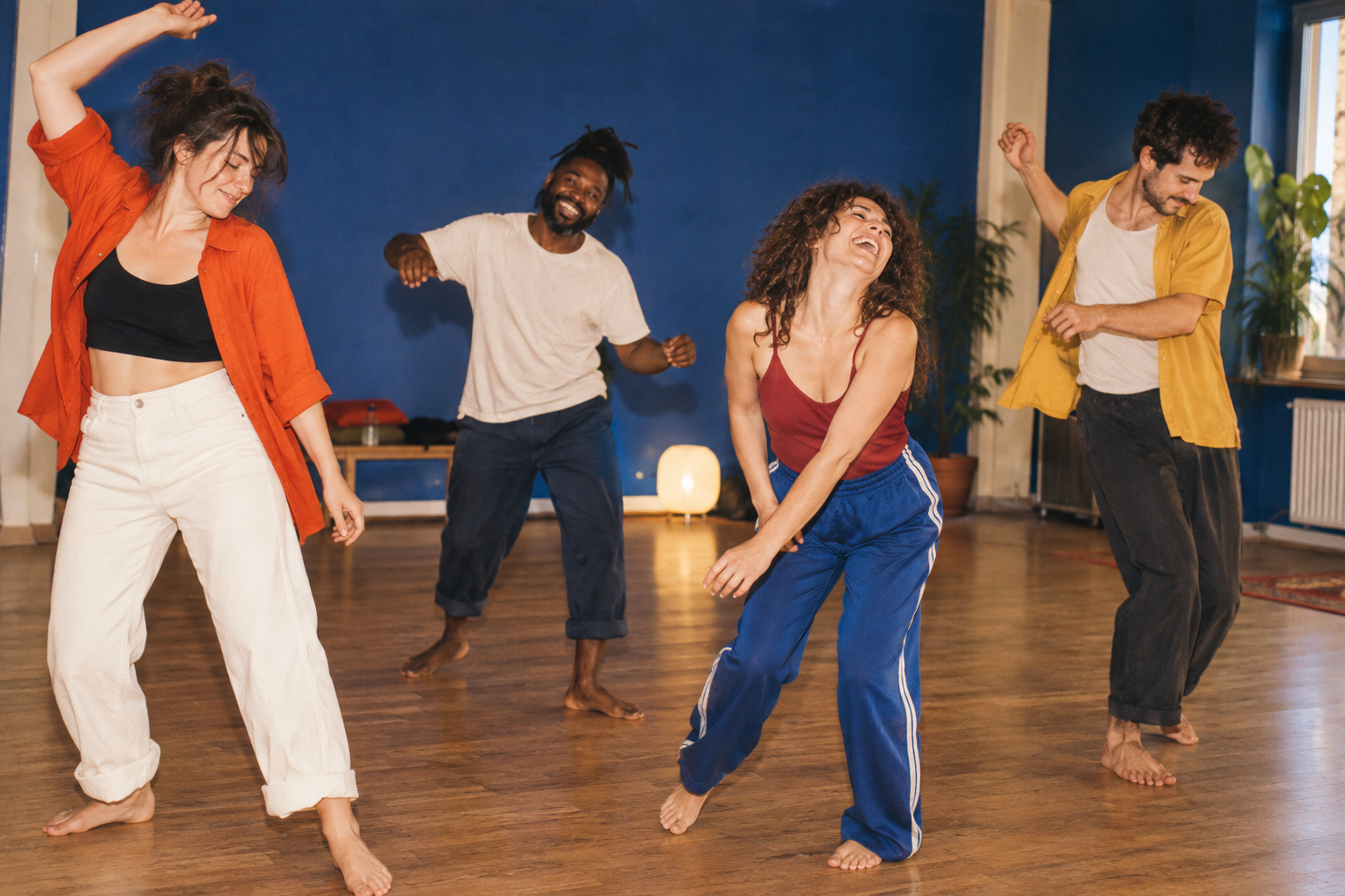 Des personnes dansent librement et rient ensemble dans un studio coloré